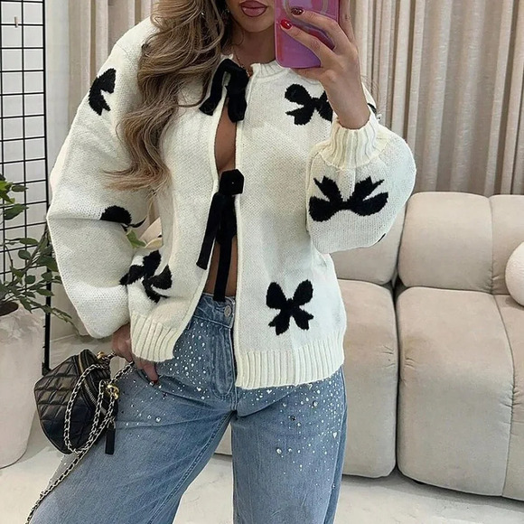 Apricot Casual Women's Round Neck Bow Long-Sleeved Knitted Cardigan - Picture 2 of 3